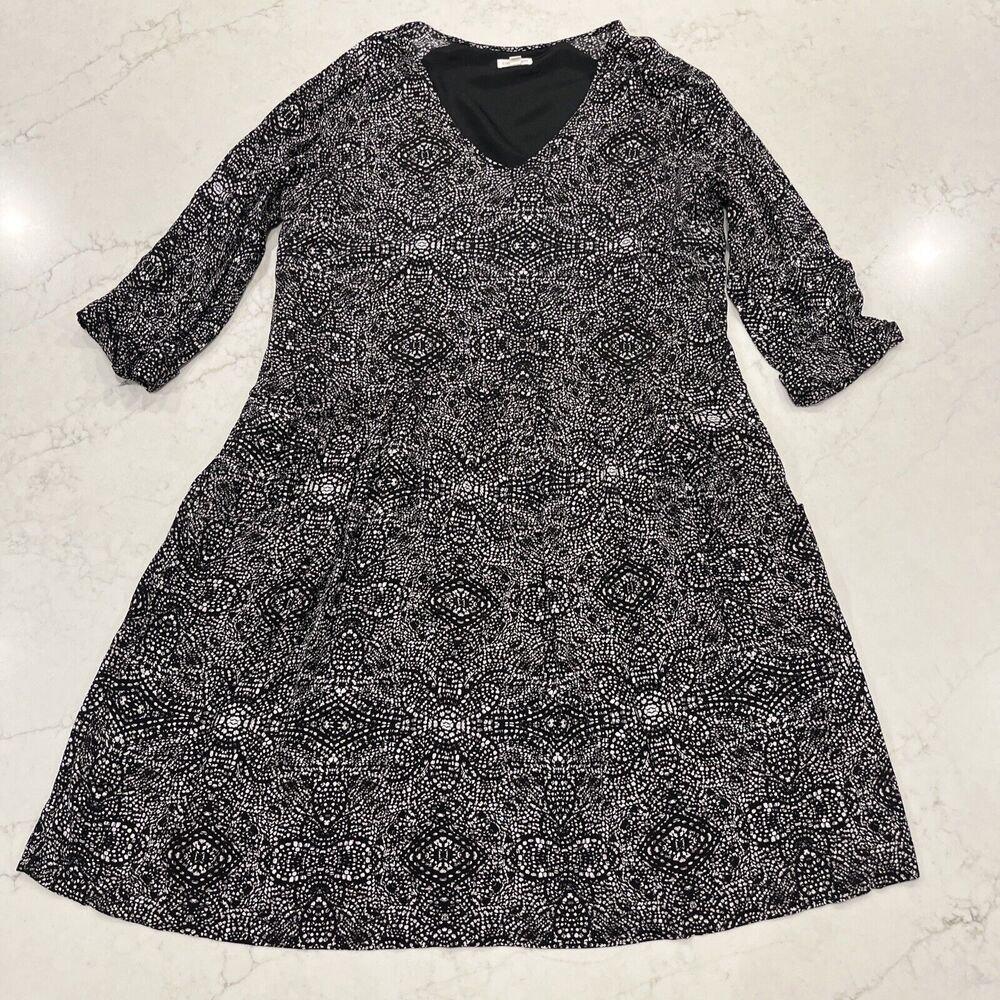 Garnet Hill Dress Sz 14 Boho Floral 3/4 Sleeve Pockets Lined‎ Drop Waist Travel